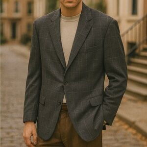 Peter Millar 100% Wool Windowpane Blazer 46R Gray Check Sport Coat